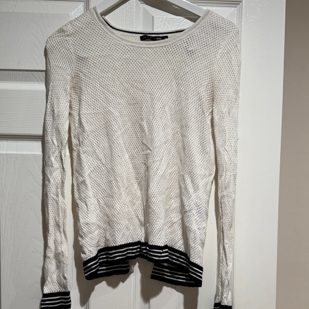 rag & bone Woman White Open Knit Long Sleeve Top Black Striped Trim Mesh SIZE XS